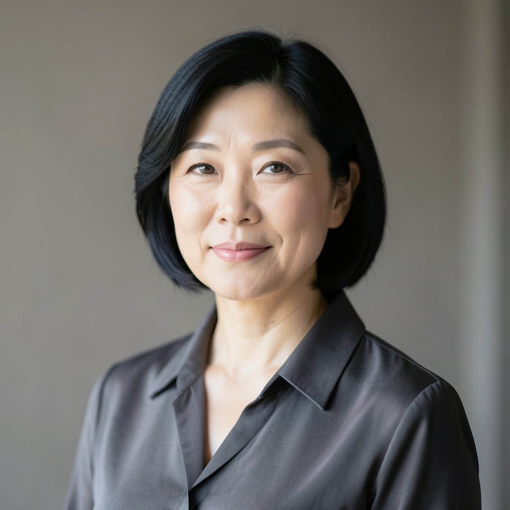 Portrait of a woman in a charcoal blouse against a plain warm-gray wall