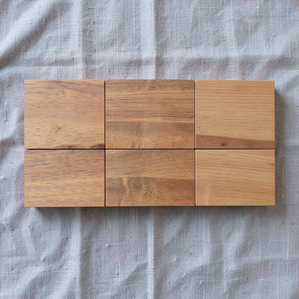 Blank wooden tiles lined up on gray linen