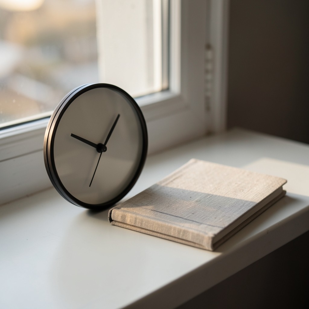 An analog clock and a closed notebook on a windowsill