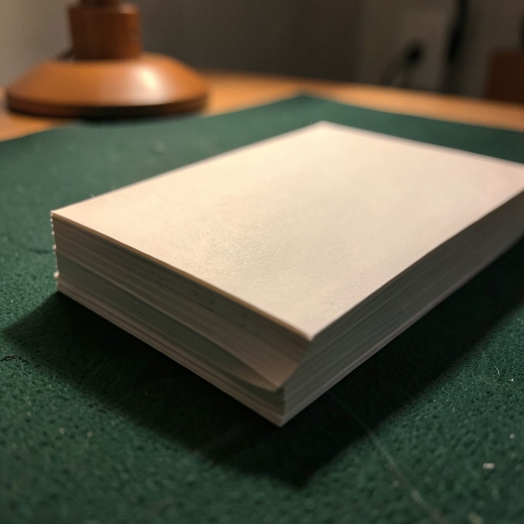 A stack of plain paper strips on a dark green desk blotter
