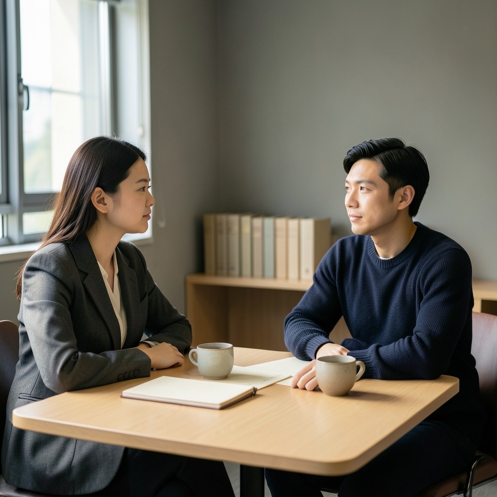 Two people seated at an oak table in a quiet Incheon reading room, papers and tea between them