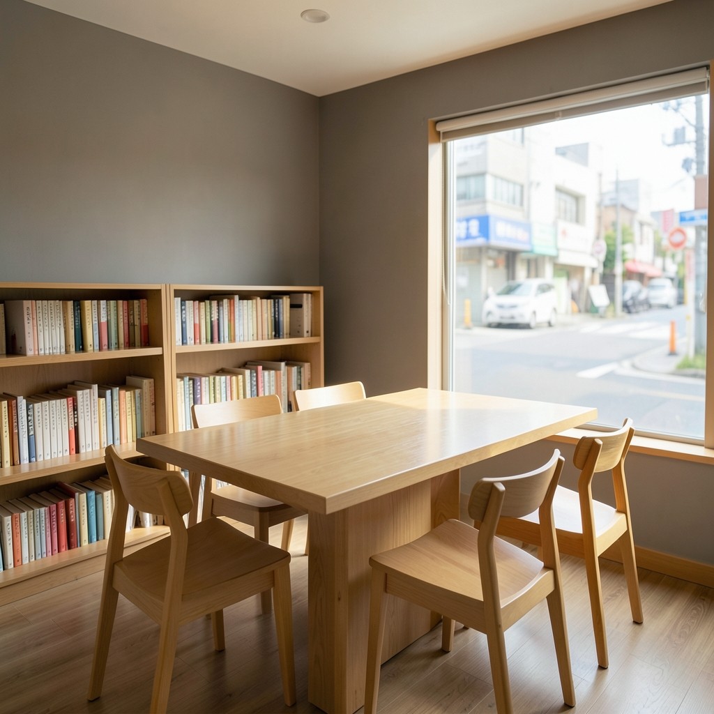 A small reading room with a long oak table, four chairs, and a window onto the street