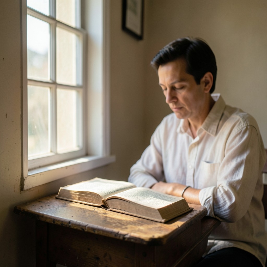 A reader at a window desk with a clothbound book in a quiet room
